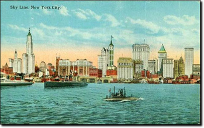 La Sky Line di New York City nel 1910 vista da Jersey City. aldilà dell'Hudson.